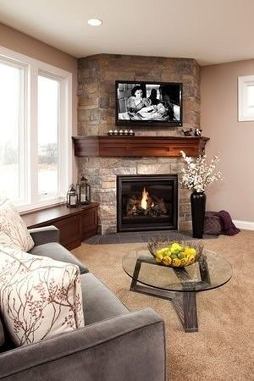 Stunning Corner Fireplace Design For Living Room 08 - MAGZHOUSE